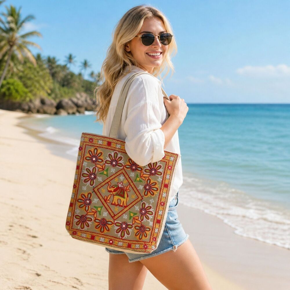 NWT Sacred Threads Boho Chic Lucky Elephant Embroidered Structured Tote Bag
